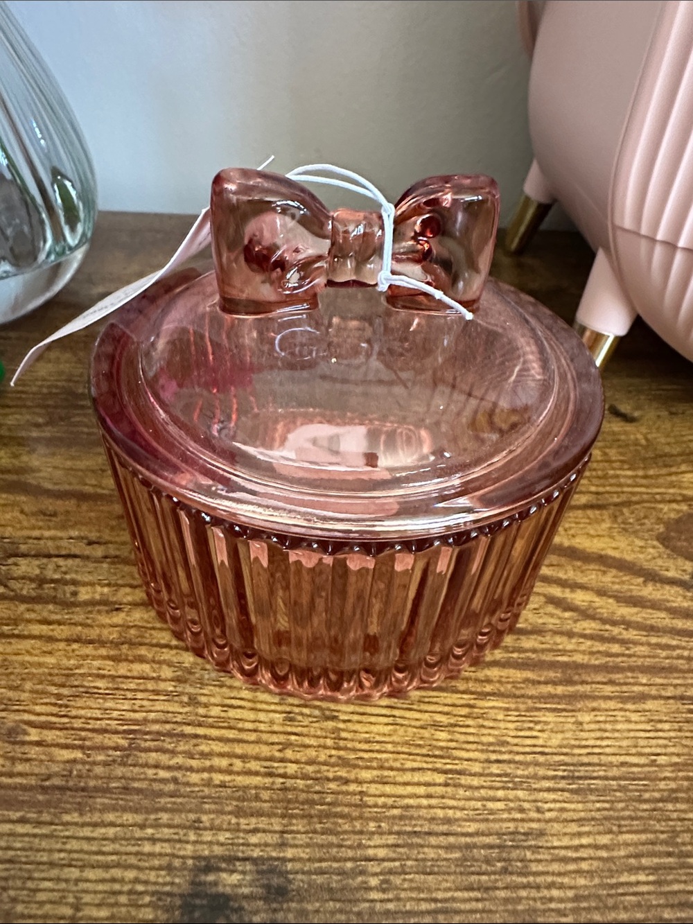 cupcakes & cashmere Pink Ribbed Glass Trinket Jar with Bow Lid